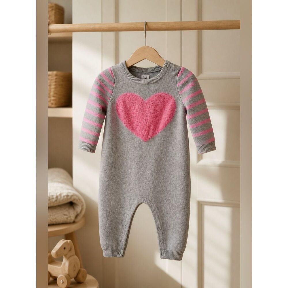 GRAY AND PINK HEART SWEATER ONE PIECE BY BABY GAP 6-12 MONTHS